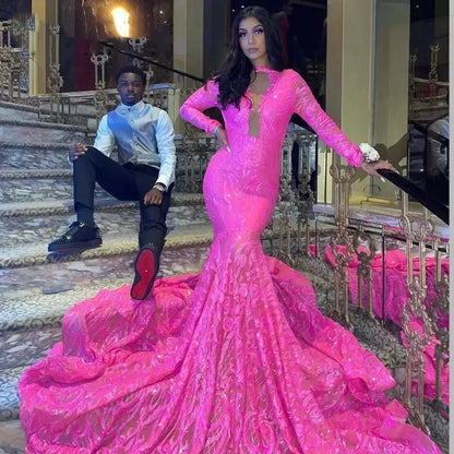 Fuchsia Mermaid Prom Dresses African Black Girl Long Sleeves Sparkly Sequin Lace Party Evening Dress Bc15052 0618