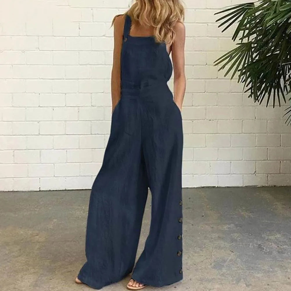 Women's Jumpsuits Rompers Women Jumpsuit Summer Sleeveless Solid Color Wide Leg Pockets Loose Strappy Playsuit Overall Wide Leg Pockets mono mujer verano 230131