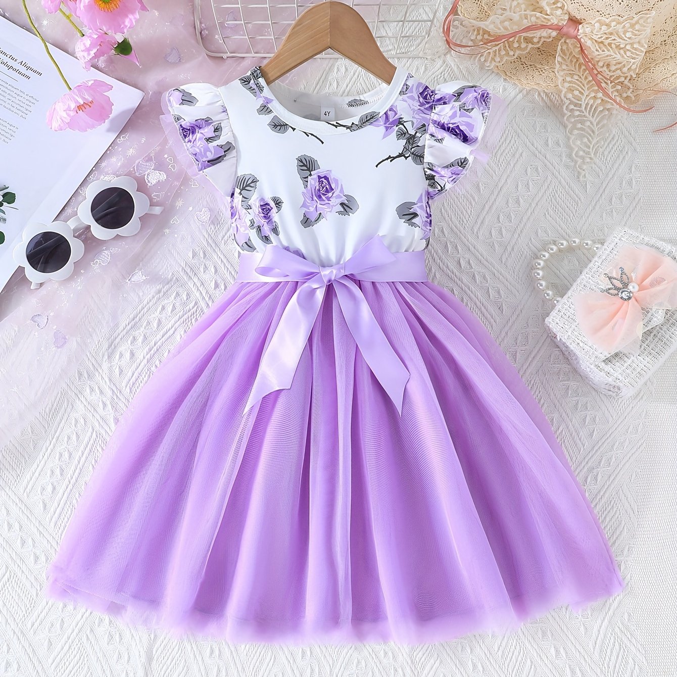 Girls Sweet Floral Round Neck Tutu Dress With Ribbon Bow Belt For Summer