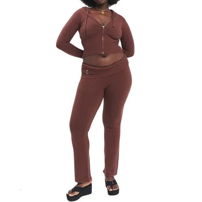 Women's Jumpsuits Rompers Women Cozy Ribbed Knit Lounge Set Long Sleeve Zip Up Hoodie with High Waist Wide Leg Pant 2 Piece Loungewear Ensemble Casual Set 231208