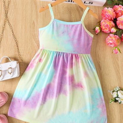 Girls Rainbow Tie Dye Cami Dress For Party Kids Summer Clothes