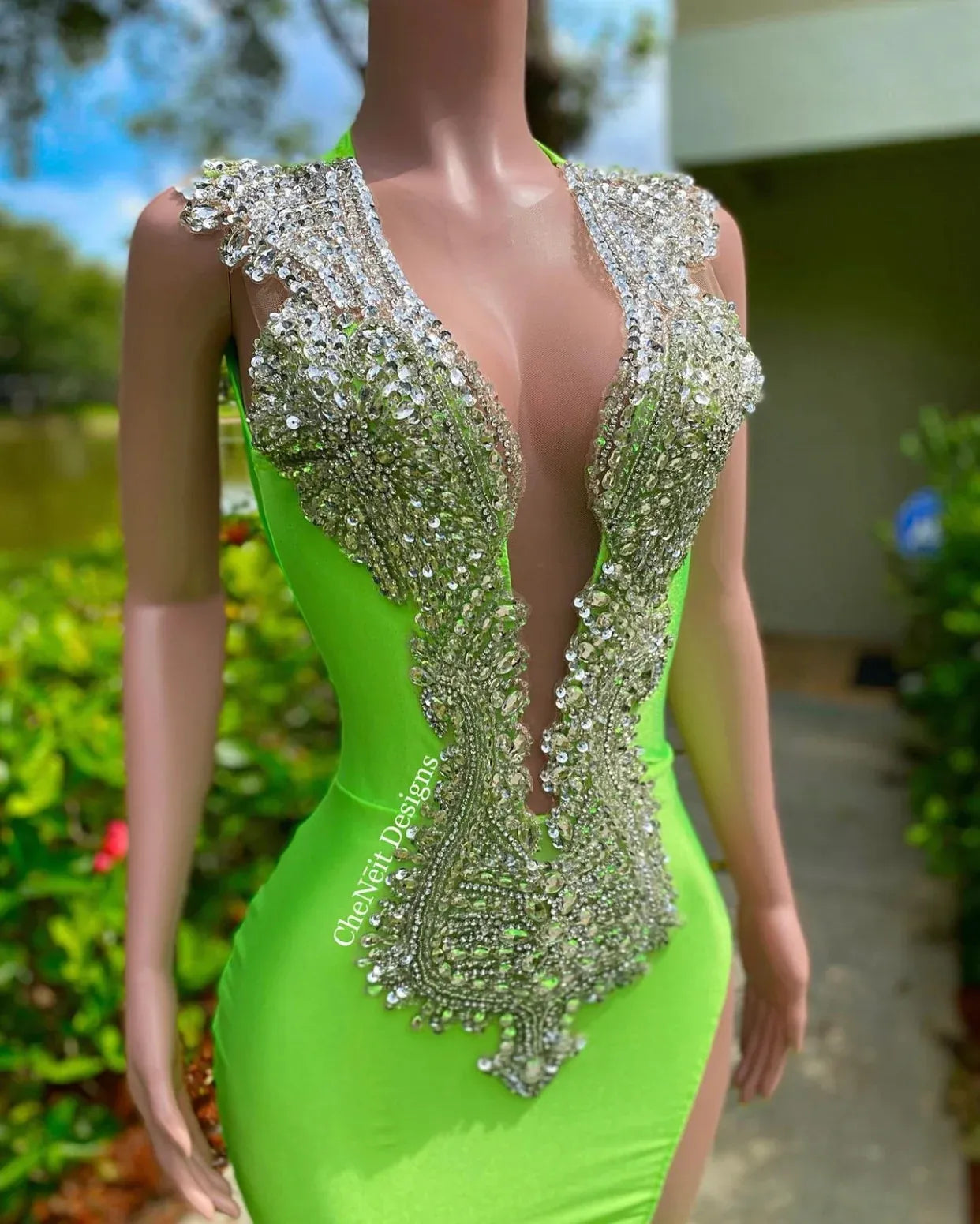 Green Sparkly Sequin Mermaid African Prom Dresses Deep V neck Crystals Black Girls Long Graduation Dress Plus Size Formal Evening Gowns GW0228