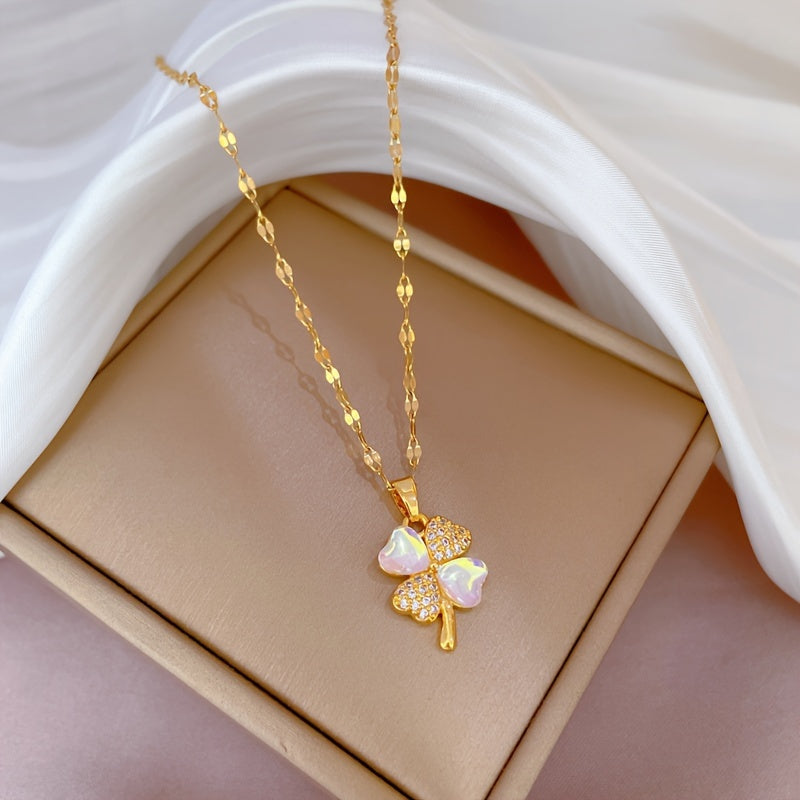 Glamorous Shiny Zircon Heart Opal Pendant Necklace - Delicate Flower Accent, Romantic Holiday Style - A Chic Gift for Girls and Women