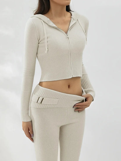 Women's Jumpsuits Rompers Women Cozy Ribbed Knit Lounge Set Long Sleeve Zip Up Hoodie with High Waist Wide Leg Pant 2 Piece Loungewear Ensemble Casual Set 231208