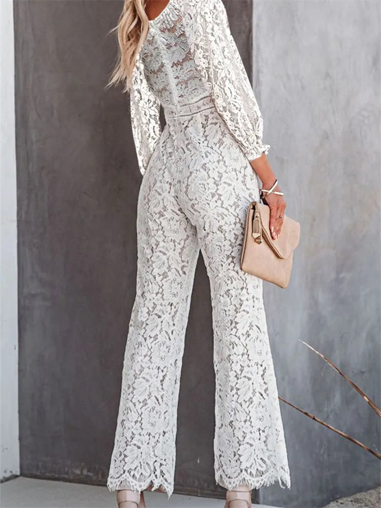 Women's Jumpsuits Rompers CHRONSTYLE Elegant Women Lace Wide Leg Pants Jumpsuits Solid Color Long Sleeve High Waist V Neck Floral Rompers Streetwear 230920