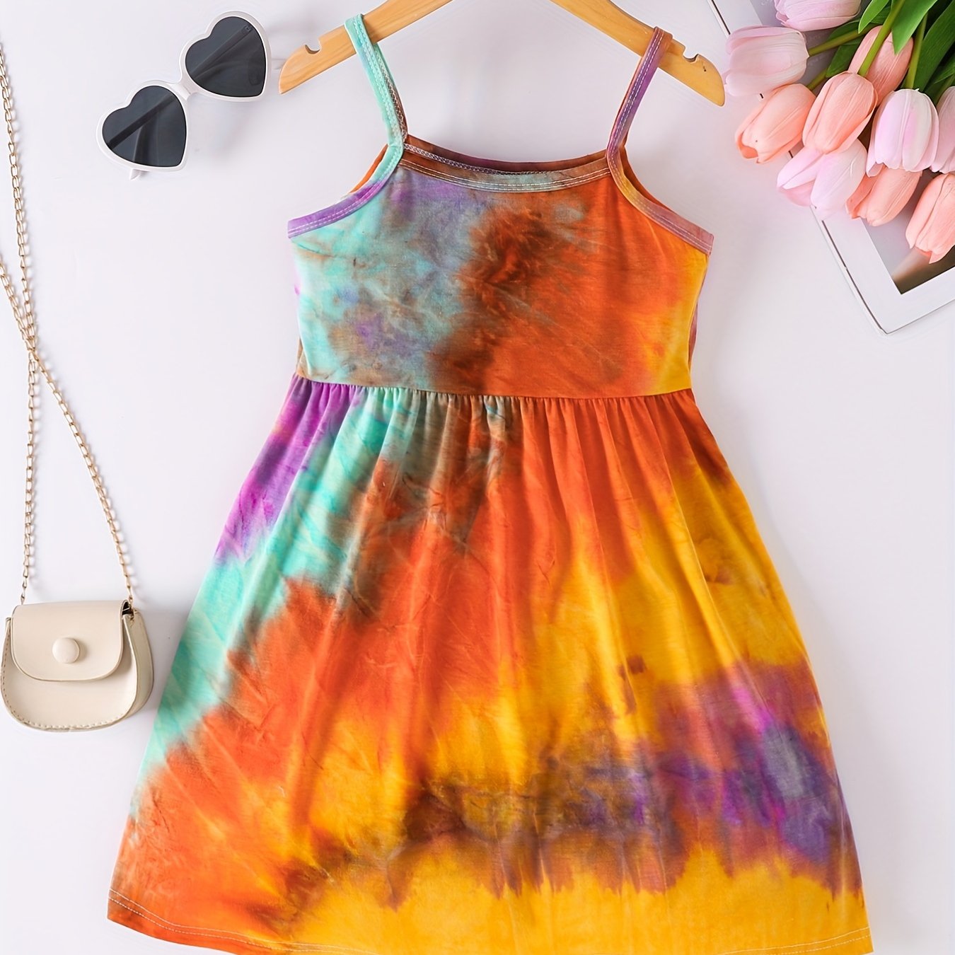 Girls Rainbow Tie Dye Cami Dress For Party Kids Summer Clothes