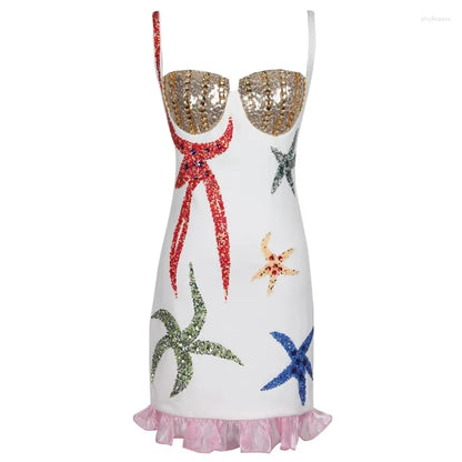 Casual Dresses 23 Sweet Holiday Style Tank Top Dress Women's Summer Heavy Industry Sequin Studded Pearl Starfish Sling Waist Retraction