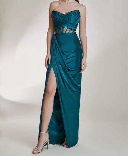 Elegant Long Blue Satin Prom Dresses With Split Sheath A-Line Beaded V-Neck Floor Length Zipper Back Evening Dresses for Women