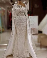 Vintage Pearls Mermaid Wedding Dress Sexy Glitter Lace Beading Arabic Trumpet Full Sleeve Bridal Gowns Robe De Soiree