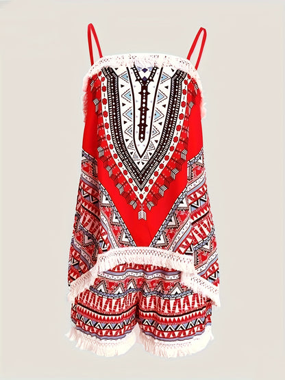 Boho Chic Tribal Print Summer Shorts Outfit - Lightweight & Comfortable Sleeveless Spaghetti Strap Top with Tassel Hem & Loose Shorts Set, Perfect for Vacation Wear