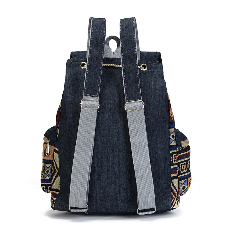 One Piece Dropshipping New Ethnic Style Women's Backpack Denim Contrast Color Backpack Large Capacity Leisure Student Bag
