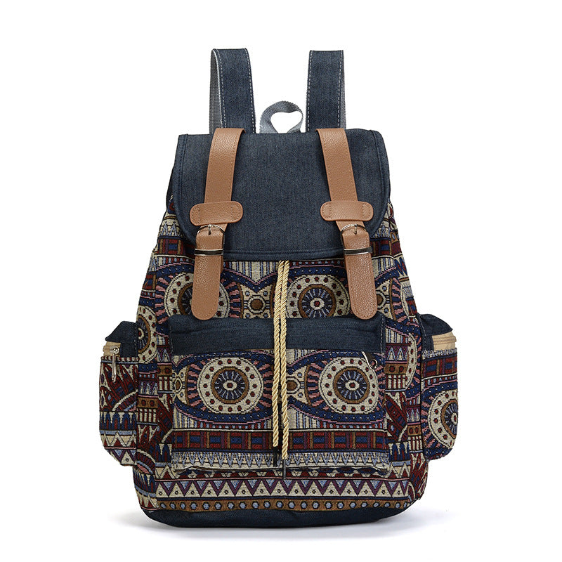 One Piece Dropshipping New Ethnic Style Women's Backpack Denim Contrast Color Backpack Large Capacity Leisure Student Bag