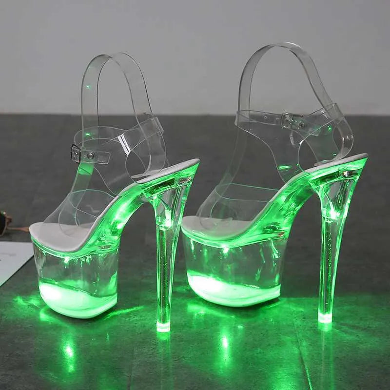 Dress Shoes New 17CM Super High Nightclub High Heels Transparent Platform Luminous Slippers Women Shoes Led Light Catwalk Pole Dance Sandals G230130