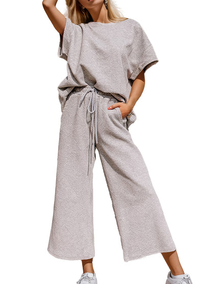 2 Piece Womens Geometric Pattern Textured Sweatsuit - Crew Neck, 3/4 Batwing Sleeve, Drawstring Wide Leg Pant, Micro Elasticity, Polyester, Hand Washable, Casual Tracksuit Set for Spring and Fall