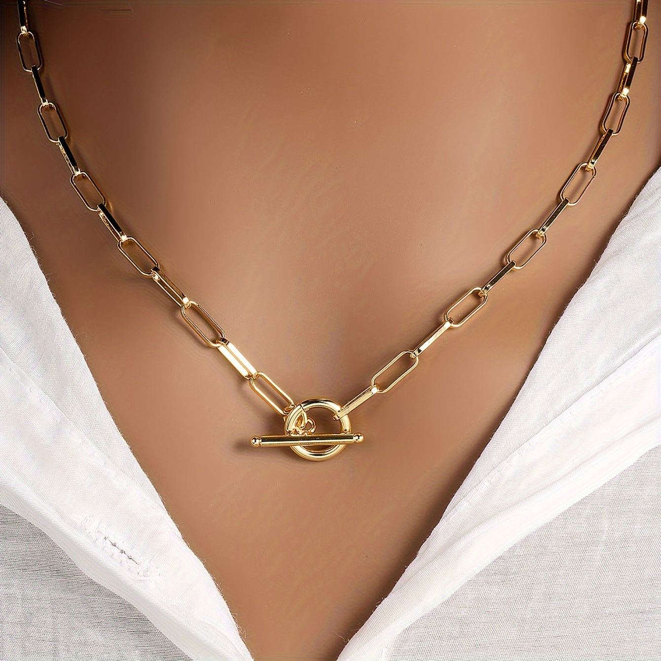 1pc Golden OT Buckle Retro Hip Hop Geometric Shaped Casual Versatile Clavicle Chain 18k Gold Plated Necklace Jewelry For Women