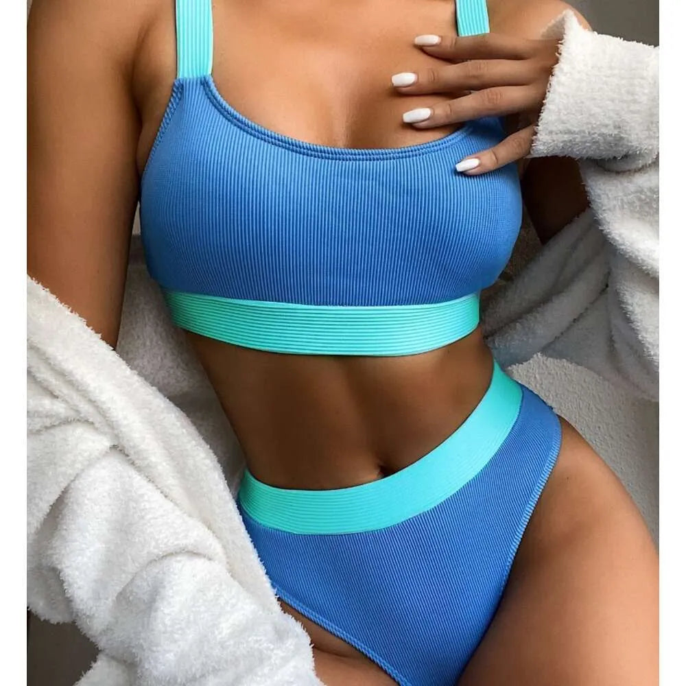 New Split High Waist Solid Color Bikini Women's Swimsuit