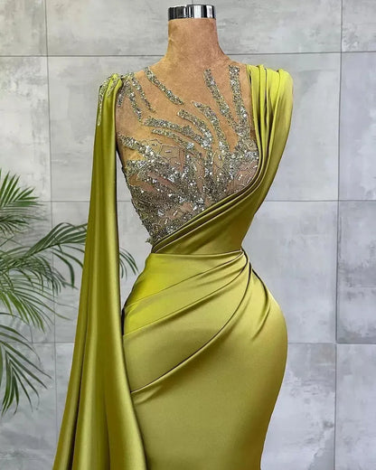 Arabic Lemon Green Satin Mermaid Evening Prom Dresses Sheer Mesh Top Sequin Beads Ruched Formal Occasion Wear Gold Hunter Sheer Neck Sweep Train Robe de BC9574