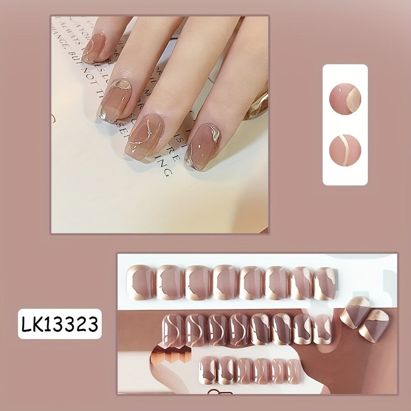 Short Square Press On Nails, Metal Nude Fake Nails With Irregular Gold Line Design, Glossy Full Cover Acrylic Nails For Women Girls Nail Art DIY