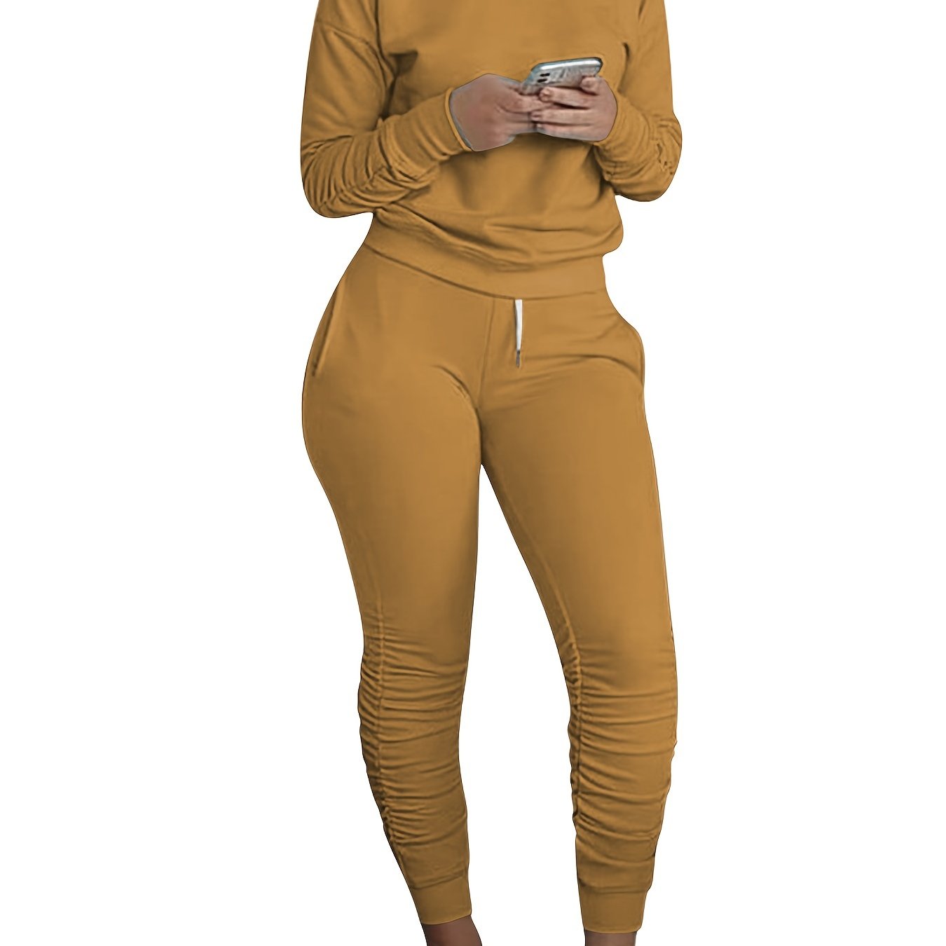 Womens Chic Leisure Two-piece Set - Comfy Long Sleeve Top & Stylish Pocketed Trousers - Versatile for Workouts or Casual Wear