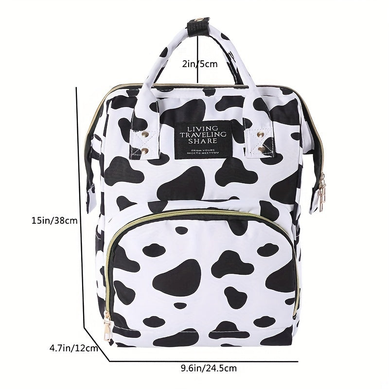 Spacious Mommy Backpack-Large Capacity & Cow Print Design-Multifunctional Outdoor Diaper Daypack for Modern Parents