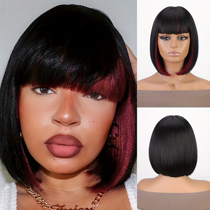 12 Inch Black Mix Burgundy Wine-Red Blunt Cut Bob Wig - Yaki Straight, 130% Density, Rose Net Cap, Highlight Short Straight Synthetic Daily Use Wig for Women - Perfect Party Style