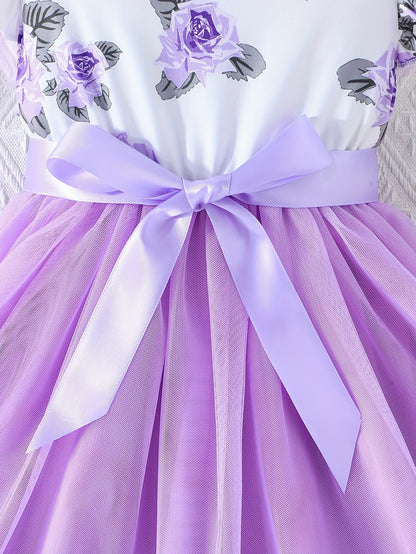 Girls Sweet Floral Round Neck Tutu Dress With Ribbon Bow Belt For Summer