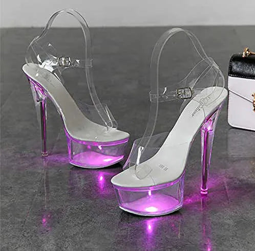 Dress Shoes New 17CM Super High Nightclub High Heels Transparent Platform Luminous Slippers Women Shoes Led Light Catwalk Pole Dance Sandals G230130