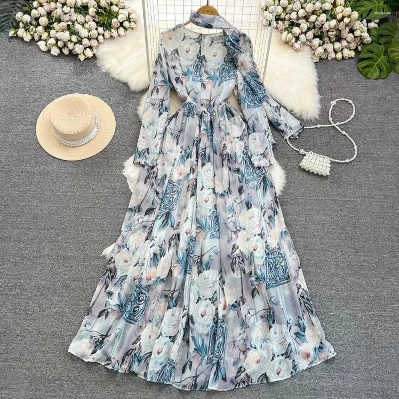 Dresses Casual French Chic Maxi Women Printed O-neck Ribbon Long Sleeve Female Vestidos De Mujer Chiffon Elegant Autumn Dress Dropship