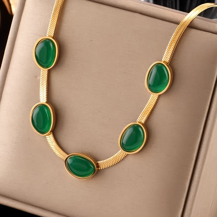 High grade titanium steel blade chain with retro emerald green bean necklace, women's simple and elegant collarbone chain