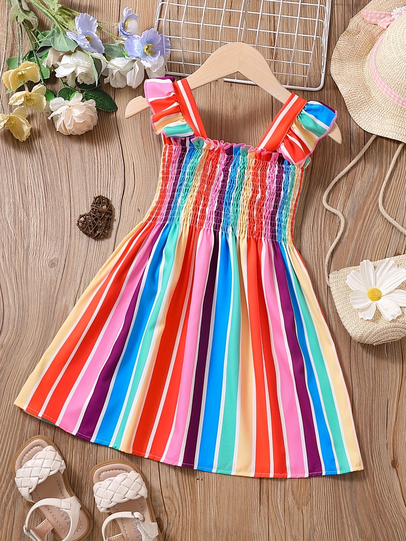 Girls Color Block Striped Sleeveless Ruffles Ruched Dress Kids Summer Clothes