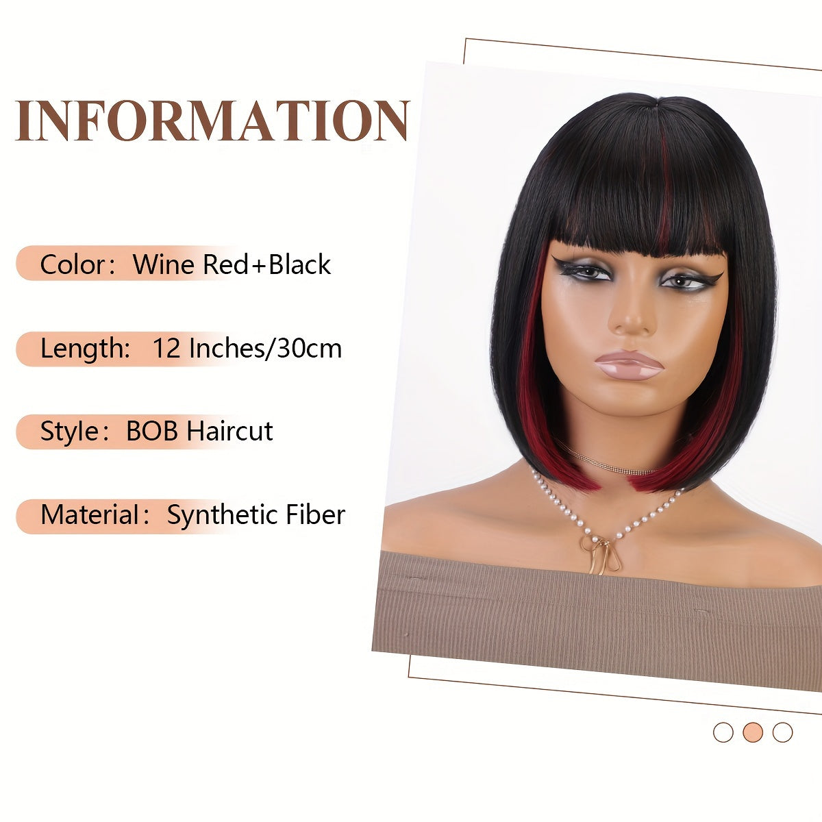 12 Inch Black Mix Burgundy Wine-Red Blunt Cut Bob Wig - Yaki Straight, 130% Density, Rose Net Cap, Highlight Short Straight Synthetic Daily Use Wig for Women - Perfect Party Style