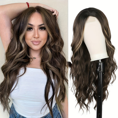 4-Pack U-Part Lace Front Wigs - Brown with Blonde Blend - Long, Wavy/Curly Style - Dark Roots Synthetic Hair - Heat Resistant, Natural-Looking - Perfect for Daily Wear & Parties - Seamless Middle Part Design