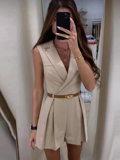 Elegant Womens Jumpsuit With Belt Fashion Sleeveless Turndown Collar Slim Short Jumpsuits Female Sping Summer Lady Romper 240307