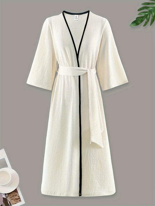 Elegant Solid Textured Contrast Binding Night Robe For Fall & Winter, Long Sleeve Surplice Neck Robe With Belt, Women's Sleepwear & Dresses