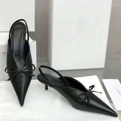 Dress Shoes Baotou Sandals Women's  Spring/Summer Versatile Pointed Thin Middle Heel Bow Muller