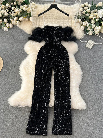 Women's Jumpsuits Rompers SINGREINY Autumn Elegant Sexy Black  Europen Fashion Off the Shoulder Feather Patchwork Sequins Slim Long Playsuit 231205