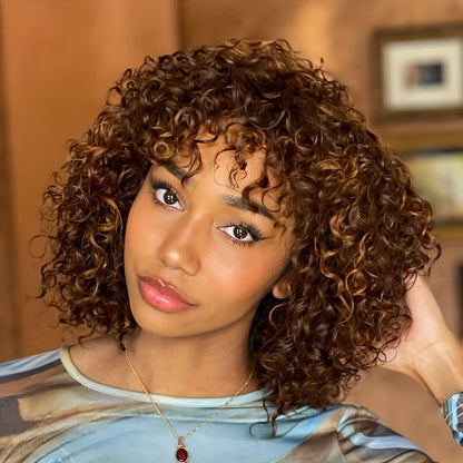 180% Density Short Curly Brown Highlight Human Wig with Bangs - 100% Brazilian Virgin Hair, No Lace Front, Natural Looking, Soft and Silky Texture, Easy to Style and Maintain - High-Quality Hairpiece for Women