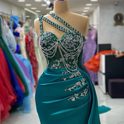 Aso Ebi Arabic Hunter Green Mermaid Prom Dress Crystals Lace Evening Formal Party Second Reception Birthday Engagement Gowns Dresses Robe De Soiree