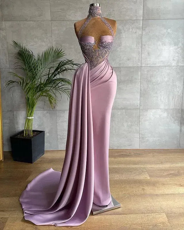 Size Arabic Plus Lilac Lace Beaded Evening Dresses High Neck Sexy Sheath Prom Formal Party Second Reception Gowns