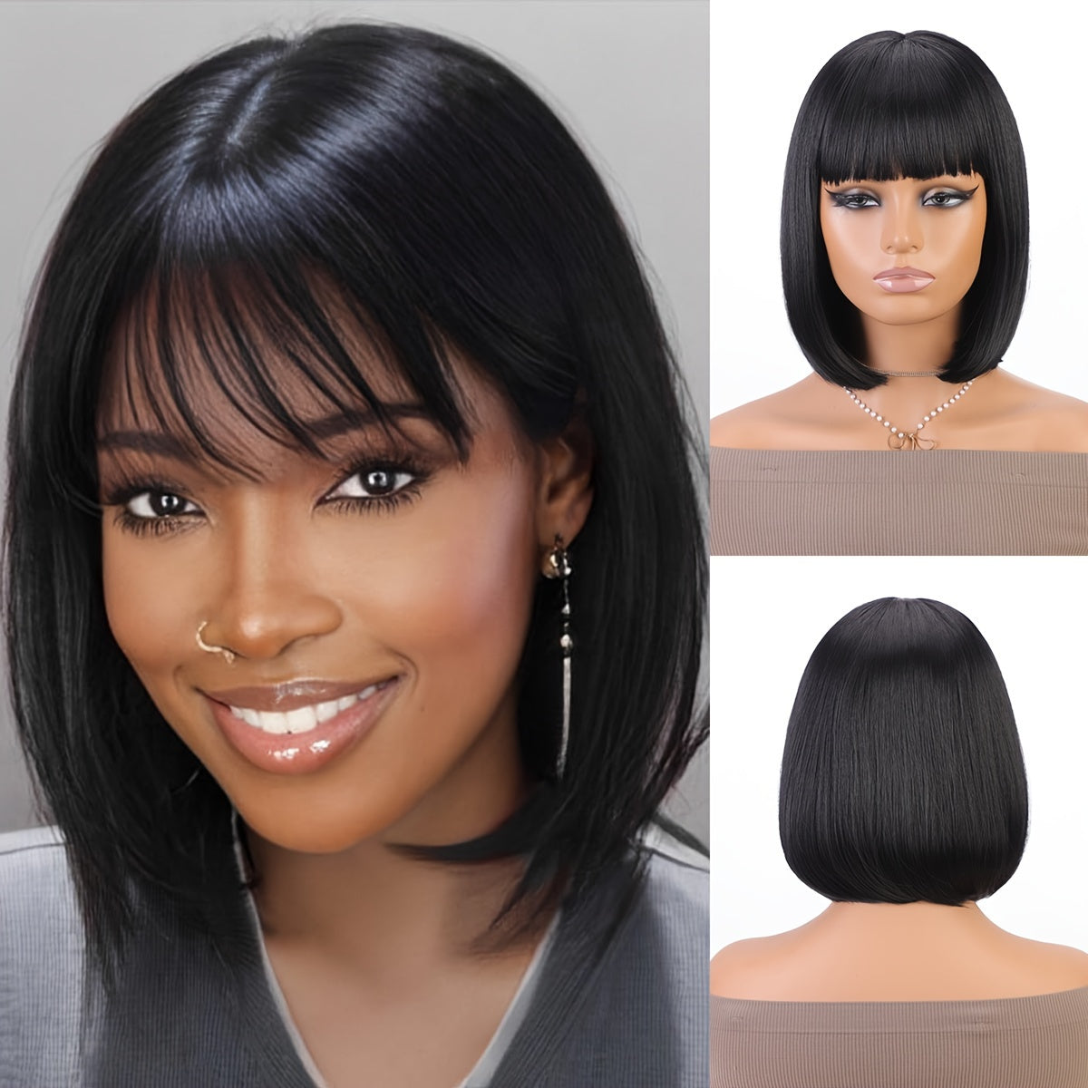 12 Inch Black Mix Burgundy Wine-Red Blunt Cut Bob Wig - Yaki Straight, 130% Density, Rose Net Cap, Highlight Short Straight Synthetic Daily Use Wig for Women - Perfect Party Style