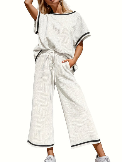 2 Piece Womens Geometric Pattern Textured Sweatsuit - Crew Neck, 3/4 Batwing Sleeve, Drawstring Wide Leg Pant, Micro Elasticity, Polyester, Hand Washable, Casual Tracksuit Set for Spring and Fall