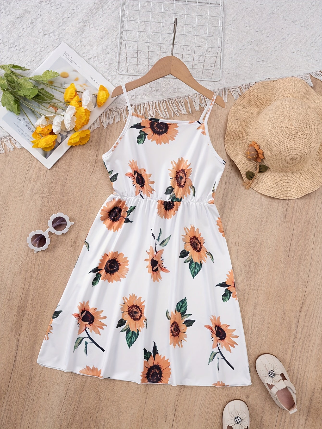 Girls Charming Sunflower Print Dress - Adjustable Spaghetti Straps, Stylish Crew Neck, Trendy Summer Fashion for Blossoming Beauties