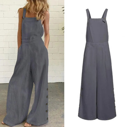 Women's Jumpsuits Rompers Women Jumpsuit Summer Sleeveless Solid Color Wide Leg Pockets Loose Strappy Playsuit Overall Wide Leg Pockets mono mujer verano 230131