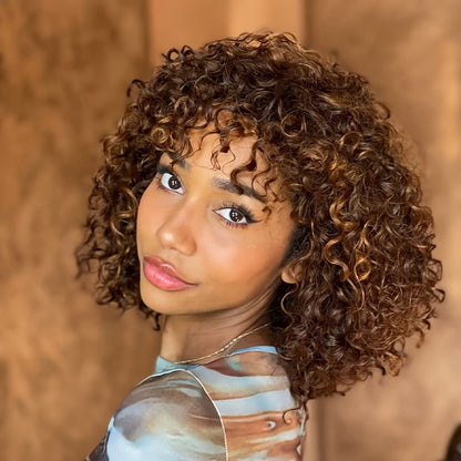 180% Density Short Curly Brown Highlight Human Wig with Bangs - 100% Brazilian Virgin Hair, No Lace Front, Natural Looking, Soft and Silky Texture, Easy to Style and Maintain - High-Quality Hairpiece for Women