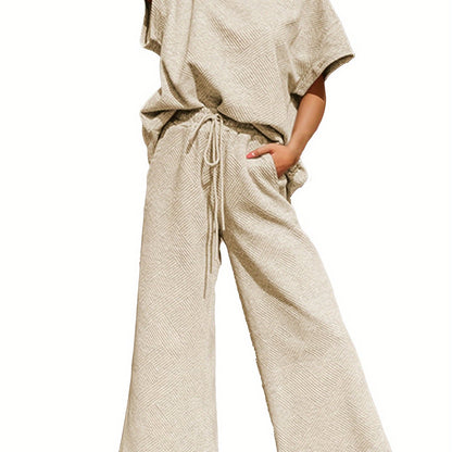 2 Piece Womens Geometric Pattern Textured Sweatsuit - Crew Neck, 3/4 Batwing Sleeve, Drawstring Wide Leg Pant, Micro Elasticity, Polyester, Hand Washable, Casual Tracksuit Set for Spring and Fall