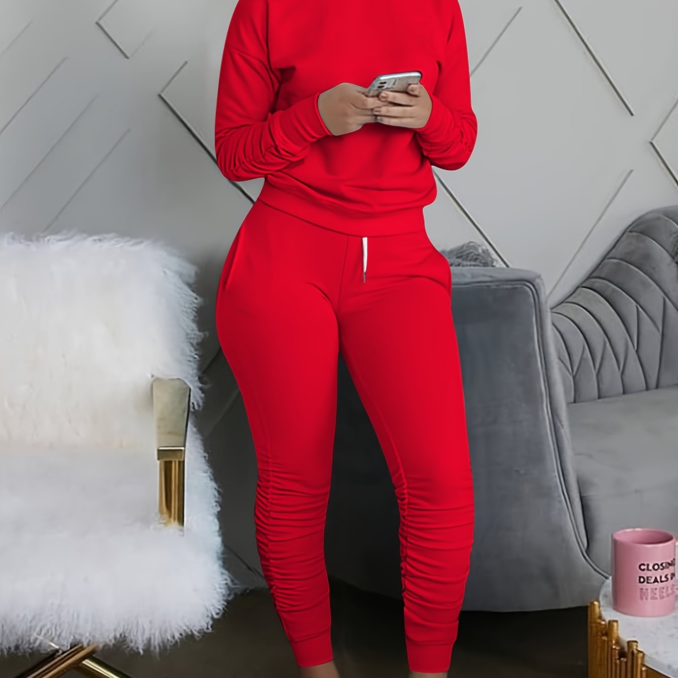 Womens Chic Leisure Two-piece Set - Comfy Long Sleeve Top & Stylish Pocketed Trousers - Versatile for Workouts or Casual Wear