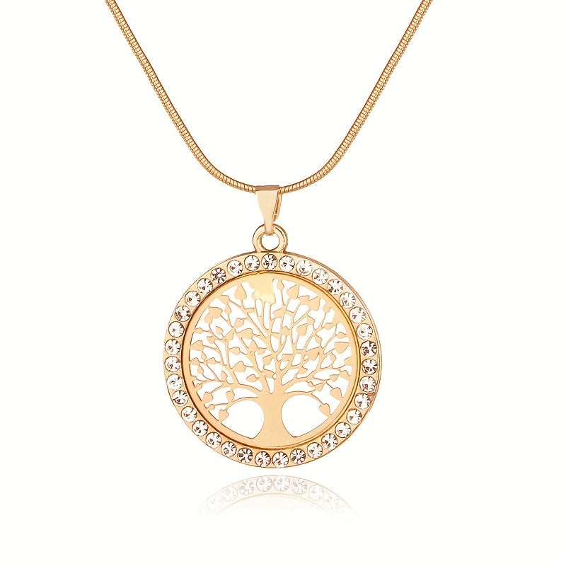 Round Hollow Rhinestone Necklace Pendant Set Chain Tree Of Life Necklace For Women