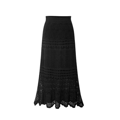 funninessgames   Korean  New Women Knitting Long Skirts High Waist Flower Hollow Knitted Female Classic Loose Large Long Skirt