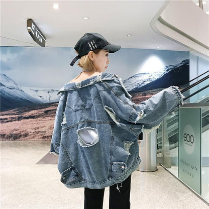 funninessgames Loose Women Denim Jacket Vintage Harajuku Jeans Jacket Female Casual Fashion Turn-Down Collar Single-Breasted Oversized Coat