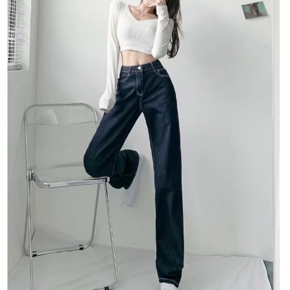 funninessgames Women Pant Woman Jeans High Waist Denim Pants Wide Leg Denim Clothing Blue Jeans Vintage Quality  Fashion Straight Pants